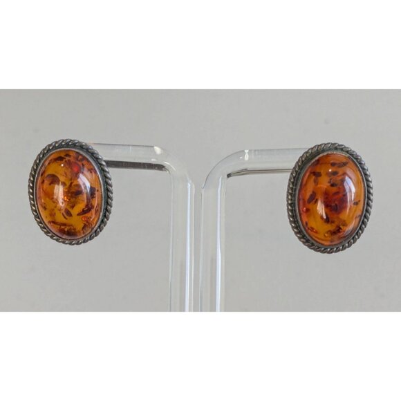 Sterling Silver 925 Amber Oval Stud Earrings Retro Chic Jewelry - Picture 6 of 11